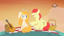 Size: 1024x576 | Tagged: safe, screencap, bright mac, pear butter, pony, g4, season 7, the perfect pear, accessory swap, adorkable, boomerang (tv channel), brightabetes, couple, cowboy hat, cute, dork, female, flower, flower in hair, guitar, hat, male, outdoors, pearabetes, picnic, ship:brightbutter, shipping, stetson, straight