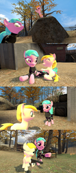 Size: 1920x4320 | Tagged: safe, artist:soad24k, oc, oc only, oc:chipper leaf, oc:flash bang, earth pony, pony, 3d, cyoa, cyoa:filly adventure, female, filly, gmod