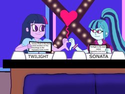 Size: 1032x774 | Tagged: safe, artist:ktd1993, sonata dusk, twilight sparkle, equestria girls, g4, female, heart hands, heart shaped, lesbian, match game (game show), ship:twinata, shipping