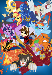 Size: 2988x4290 | Tagged: safe, artist:edcom02, artist:jmkplover, pipsqueak, princess luna, rainbow dash, spike, sunset shimmer, twilight sparkle, alicorn, breezie, earth pony, hybrid, pegasus, pony, unicorn, wasp, g4, amethyst sorceress, angry, armor, avengers, beard, ben grimm, bone spike projection, cape, captain america, captain equestria, claws, clothes, confident, costume, crossover, facial hair, fangs, fire, flying, group, hammer, happy, hulkbuster, hulkbuster armor, human torch, iron man, janet van dyne, logan, male, marvel, mjölnir, peter parker, ponified, shield, smiling, spider-man, steve rogers, superhero, the thing (marvel), thor, tony stark, war hammer, wings, wolverine