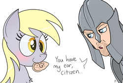 Size: 1299x875 | Tagged: safe, artist:manual-monaro, derpy hooves, human, pegasus, pony, g4, armor, blushing, chest fluff, dialogue, ear, imperial guard, literal, mouth hold, not hyperbole, oblivion, pun, simple background, smiling, stubble, the elder scrolls, visual pun, white background