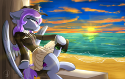 Size: 3200x2032 | Tagged: safe, artist:phuocthiencreation, oc, oc only, pegasus, semi-anthro, beach, beautiful, binoculars, clothes, commission, female, hat, high res, mare, skirt, solo, sunset