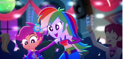 Size: 640x309 | Tagged: safe, screencap, nolan north, rainbow dash, scootaloo, equestria girls, g4, my little pony equestria girls: summertime shorts, raise this roof, background human, fall formal outfits, female, multicolored hair, rainbow hair