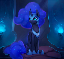 Size: 850x786 | Tagged: safe, artist:rodrigues404, nightmare moon, alicorn, pony, g4, eyeshadow, female, helmet, makeup, mare, sitting, slit pupils, solo