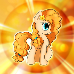 Size: 2539x2539 | Tagged: safe, artist:conniethecasanova, artist:flamevulture17, pear butter, earth pony, pony, g4, the perfect pear, cute, female, flower, flower in hair, high res, mare, raised hoof, smiling, solo