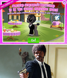 Size: 600x700 | Tagged: safe, gameloft, whinnyfield, human, pony, g4, my little pony: the movie, bodyguard, clothes, comparison, jules winnfield, movie reference, ponified, pulp fiction, samuel l jackson, sunglasses