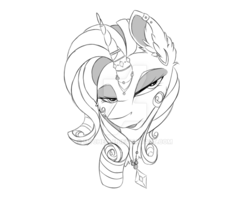 Size: 900x720 | Tagged: safe, artist:mychelle, rarity, pony, g4, bust, female, horn, horn ring, jewelry, monochrome, pendant, portrait, solo, watermark