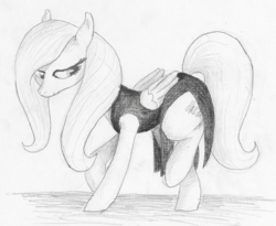 Size: 851x697 | Tagged: safe, artist:t72b, derpibooru exclusive, fluttershy, pegasus, pony, g4, clothes, dress, female, folded wings, looking away, monochrome, raised hoof, raised leg, shy, side slit, smiling, solo, traditional art