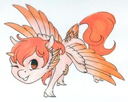 Size: 1024x815 | Tagged: safe, artist:oneiria-fylakas, oc, oc only, oc:gaash, alicorn, pony, seraph, seraphicorn, chibi, colored wings, female, mare, multicolored wings, multiple wings, solo, traditional art