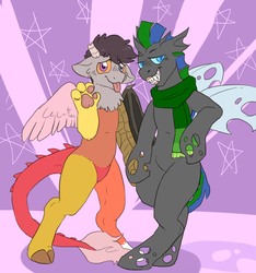 Size: 726x776 | Tagged: safe, artist:cottoncloudy, oc, oc:desorde, oc:izzy the changeling, changeling, draconequus, changeling oc, clothes, commission, cute, double colored changeling, draconequus oc, male, scarf, smug