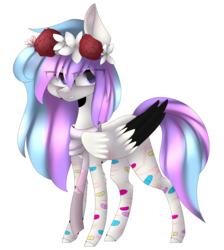 Size: 3451x3843 | Tagged: safe, artist:hyshyy, oc, oc only, oc:grace, pegasus, pony, clothes, colored wings, female, floral head wreath, flower, high res, mare, multicolored wings, scarf, simple background, solo, transparent background
