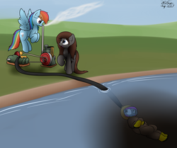Size: 2827x2365 | Tagged: safe, artist:the-furry-railfan, rainbow dash, oc, oc:crash dive, oc:pressure cooker, earth pony, pegasus, pony, g4, air pump, clothes, diving suit, engine, flying, galoshes, hiding, high res, hose, lake, on back, outdoors, story included