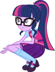 Size: 3000x3878 | Tagged: safe, artist:uponia, sci-twi, twilight sparkle, equestria girls, equestria girls specials, g4, my little pony equestria girls: dance magic, bowtie, clothes, female, glasses, high res, kneeling, mary janes, ponytail, sci-twi outfits, shoes, simple background, skirt, smiling, socks, solo, transparent background, vector