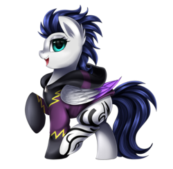 Size: 2459x2406 | Tagged: safe, artist:pridark, oc, oc only, oc:switch, oc:switch storm, pegasus, pony, clothes, colored wings, colored wingtips, commission, costume, female, high res, hoodie, mare, multicolored wings, open mouth, shadowbolts, shadowbolts costume, simple background, smiling, solo, sweater, transparent background