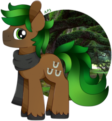 Size: 780x840 | Tagged: safe, artist:amberpone, oc, oc only, oc:jaeger sylva, pony, black, brown, brown fur, clothes, commission, cutie mark, drawing, fanart, gray, green, green eyes, green hair, green mane, happy, hooves, lighting, looking at you, male, mane, old art, original art, original character do not steal, original style, paint tool sai, painttoolsai, scarf, shading, simple background, smiling, stallion, standing, tail, transparent background, tree, unshorn fetlocks, white