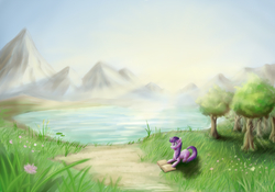 Size: 1000x700 | Tagged: safe, artist:zetamad, twilight sparkle, pony, unicorn, g4, book, dawn, female, flower, grass, lake, mountain, path, scenery, solo, sun, tree, waterlily