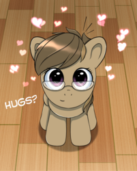 Size: 1447x1800 | Tagged: safe, artist:anonbelle, oc, oc only, oc:dawnsong, earth pony, pony, commission, cute, female, filly, floating heart, glasses, heart, hnnng, hug, hug request, looking at you, looking up, looking up at you, ocbetes, sitting, smiling, solo, text