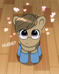 Size: 1447x1800 | Tagged: safe, artist:anonbelle, oc, oc only, oc:dawnsong, earth pony, pony, clothes, commission, cute, female, filly, glasses, heart, hnnng, hug request, looking at you, socks
