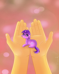 Size: 1024x1280 | Tagged: safe, amethyst star, sparkler, oc, oc:tinisparkler, human, pony, unicorn, g4, commission, female, floppy ears, hand, holding a pony, in goliath's palm, mare, micro, offscreen character, pov, tiny ponies, ych result