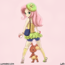 Size: 750x750 | Tagged: safe, artist:lumineko, fluttershy, buneary, equestria girls, g4, clothes, crossover, cute, female, looking at you, looking back, pokémon, shyabetes, simple background