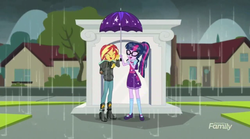 Size: 1400x777 | Tagged: safe, screencap, sci-twi, sunset shimmer, twilight sparkle, equestria girls, g4, monday blues, my little pony equestria girls: summertime shorts, discovery family logo, house, laughing, rain, shipping fuel, umbrella