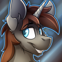 Size: 565x565 | Tagged: source needed, safe, artist:ralek, oc, oc only, oc:twisty, pony, unicorn, abstract background, avatar, bust, colored pupils, ear fluff, horn, icon, portrait, smiling, solo