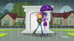 Size: 1920x1080 | Tagged: safe, screencap, sci-twi, sunset shimmer, twilight sparkle, equestria girls, g4, monday blues, my little pony equestria girls: summertime shorts, discovery family logo, geode of telekinesis, magical geodes, portal, rain, shipping fuel, smiling, umbrella