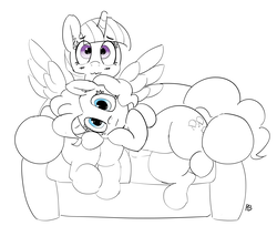 Size: 11498x9366 | Tagged: safe, artist:pabbley, pinkie pie, twilight sparkle, alicorn, earth pony, pony, g4, absurd resolution, blushing, couch, cuddling, female, lesbian, lying down, monochrome, netflix and chill, on side, pabbley is trying to murder us, partial color, ship:twinkie, shipping, sitting, spread wings, twilight sparkle (alicorn), wavy mouth, wingboner, wings