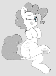 Size: 7142x9632 | Tagged: safe, artist:pabbley, pinkie pie, earth pony, pony, g4, absurd resolution, butt, dock, featureless crotch, female, frog (hoof), glitter, lineart, one eye closed, open mouth, partial color, plot, simple background, solo, tail, underhoof, wink