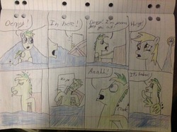 Size: 2592x1936 | Tagged: safe, artist:didgereethebrony, derpy hooves, oc, oc:didgeree, pony, g4, broken wing, flood, flooding, lined paper, sinking, sinking ship, traditional art