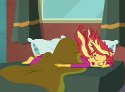 Size: 710x524 | Tagged: safe, screencap, sunset shimmer, equestria girls, g4, monday blues, my little pony equestria girls: summertime shorts, barefoot, cute, feet, female, majestic as fuck, shimmerbetes, sleeping, solo, sunset's apartment