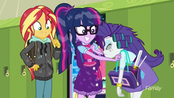 Size: 1366x768 | Tagged: safe, screencap, rarity, sci-twi, sunset shimmer, twilight sparkle, equestria girls, g4, monday blues, my little pony equestria girls: summertime shorts, crying