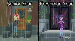 Size: 2048x1133 | Tagged: safe, edit, edited screencap, screencap, sci-twi, sunset shimmer, twilight sparkle, equestria girls, g4, monday blues, my little pony equestria girls: summertime shorts, college, education, freshman, meme, relatable, student, sunset's apartment