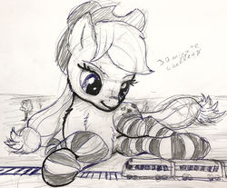 Size: 2000x1657 | Tagged: safe, artist:xbi, applejack, earth pony, pony, g4, 30 minute art challenge, clothes, giant pony, macro, never doubt ncmares's involvement, socks, striped socks, traditional art, train