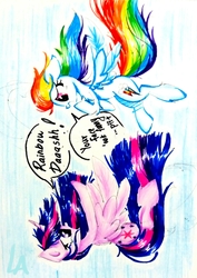 Size: 1967x2785 | Tagged: safe, artist:liaaqila, rainbow dash, twilight sparkle, alicorn, pegasus, pony, g4, duo, falling, flying, flying lesson, outdoors, sky, speech bubble, traditional art, twilight sparkle (alicorn)