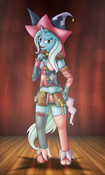 Size: 3375x5574 | Tagged: safe, artist:kukotte, trixie, unicorn, anthro, unguligrade anthro, g4, clothes, costume, female, jester, magilou mayvin, parody, solo, stage, tales of berseria