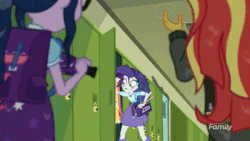 Size: 400x225 | Tagged: safe, screencap, rarity, sci-twi, sunset shimmer, twilight sparkle, eqg summertime shorts, equestria girls, g4, monday blues, animated, canterlot high, crying, discovery family logo, female, geode of shielding, geode of telekinesis, gif, hair curlers, lockers, magical geodes, marshmelodrama