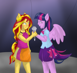 Size: 1400x1327 | Tagged: safe, artist:pewycert, sunset shimmer, twilight sparkle, equestria girls, g4, my little pony equestria girls: rainbow rocks, blushing, female, lesbian, looking at each other, ponied up, ship:sunsetsparkle, shipping, smiling, twilight sparkle (alicorn)