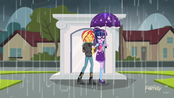 Size: 1920x1080 | Tagged: safe, screencap, sci-twi, sunset shimmer, twilight sparkle, equestria girls, g4, monday blues, my little pony equestria girls: summertime shorts, discovery family logo, rain, shipping fuel, umbrella