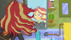 Size: 1920x1080 | Tagged: safe, screencap, sunset shimmer, equestria girls, g4, monday blues, my little pony equestria girls: summertime shorts, discovery family logo, female, mirror, solo, sunset's apartment