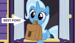 Size: 1252x716 | Tagged: safe, edit, edited screencap, screencap, trixie, pony, unicorn, g4, to where and back again, best pony, cute, diatrixes, female, mouth hold, smiling, solo, to saddlebags and back again