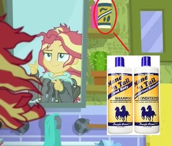 Size: 597x505 | Tagged: safe, edit, edited screencap, screencap, sunset shimmer, eqg summertime shorts, equestria girls, g4, monday blues, bathroom, clothes, female, finger gun, finger guns, hoodie, lidded eyes, mane 'n tail, messy mane, mirror, product placement, shampoo, smiling, smirk, solo, sunset's apartment