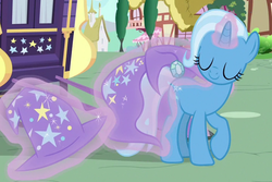 Size: 720x482 | Tagged: safe, screencap, trixie, pony, unicorn, g4, to where and back again, brooch, cape, clothes, cropped, cute, diatrixes, eyes closed, female, hat, jewelry, levitation, magic, mare, raised hoof, solo, telekinesis, trixie's brooch, trixie's cape, trixie's hat, wizard hat