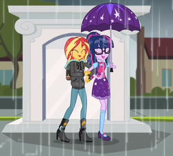 Size: 985x886 | Tagged: safe, screencap, sci-twi, sunset shimmer, twilight sparkle, equestria girls, g4, monday blues, my little pony equestria girls: summertime shorts, cropped, eyes closed, laughing, rain, shipping fuel, umbrella, wet clothes, wet hair