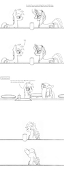 Size: 1358x3611 | Tagged: safe, artist:coffeehorse, oc, oc only, oc:night cap, oc:rhapsody, pony, coffee, comic, drinking, facehoof, monochrome, oblivious, this will not end well