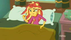 Size: 1366x768 | Tagged: safe, screencap, sunset shimmer, equestria girls, g4, monday blues, my little pony equestria girls: summertime shorts, bed, clothes, discovery family logo, female, pajamas, pillow, solo, sunset's apartment