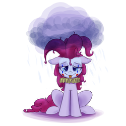 Size: 2000x2000 | Tagged: safe, artist:heir-of-rick, pinkie pie, earth pony, pony, g4, alternate hairstyle, cloud, clown, clown makeup, colored sketch, face paint, female, floppy ears, high res, mare, rain, raincloud, ruff (clothing), simple background, sitting, solo, tongue out, white background