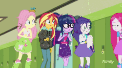 Size: 1053x590 | Tagged: safe, screencap, fluttershy, pinkie pie, rainbow dash, rarity, sunset shimmer, twilight sparkle, eqg summertime shorts, equestria girls, g4, monday blues, animated, female, geode of fauna, geode of shielding, geode of sugar bombs, geode of telekinesis, gif, long hair, magical geodes, pinkamena diane pie, wet hair