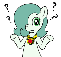 Size: 640x600 | Tagged: safe, artist:ficficponyfic, artist:methidman, color edit, edit, oc, oc only, oc:emerald jewel, earth pony, pony, colt quest, amulet, child, color, colored, colt, foal, hair over one eye, image macro, male, meme, question mark, reaction, reaction image, shrug, simple background, solo, white background