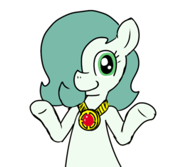 Size: 640x600 | Tagged: safe, artist:ficficponyfic, artist:methidman, color edit, edit, oc, oc only, oc:emerald jewel, earth pony, pony, colt quest, amulet, child, color, colored, colt, cute, foal, hair over one eye, image macro, male, meme, reaction, reaction image, shrug, simple background, smiling, solo, white background